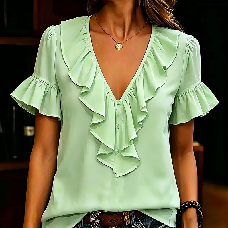 Gluschwein - 🏷️ Räumung -50%! Elegante Damenbluse mit Rüschen, V-Ausschnitt und kurzen Ärmeln – lässiges Sommer-T-Shirt