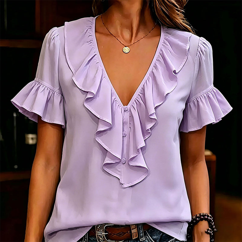 Gluschwein - 🏷️ Räumung -50%! Elegante Damenbluse mit Rüschen, V-Ausschnitt und kurzen Ärmeln – lässiges Sommer-T-Shirt