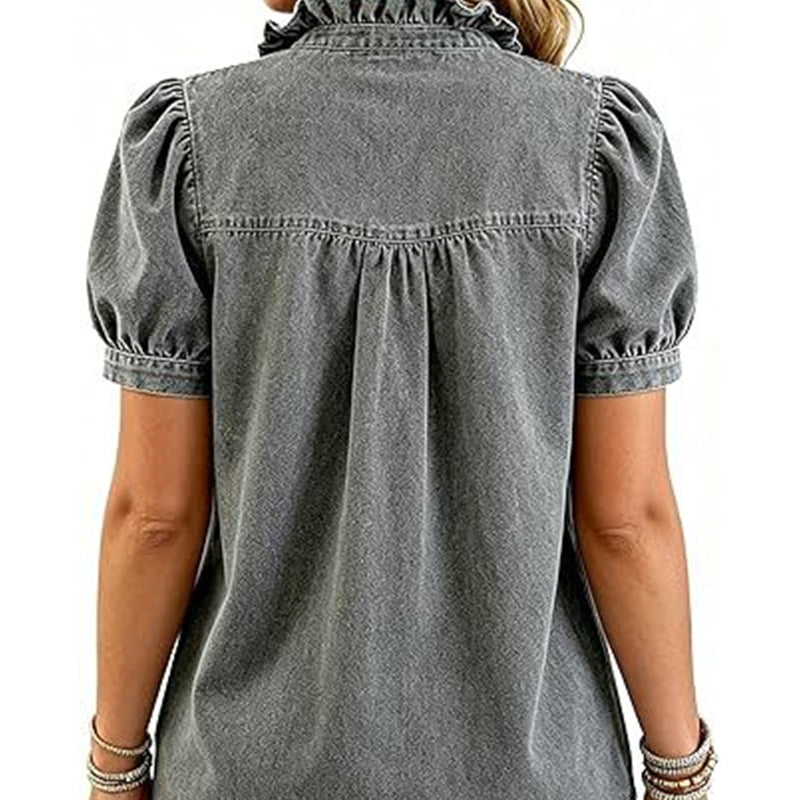 👚🌸 Denim-Bluse mit Rüschen-V-Ausschnitt und Puffärmeln