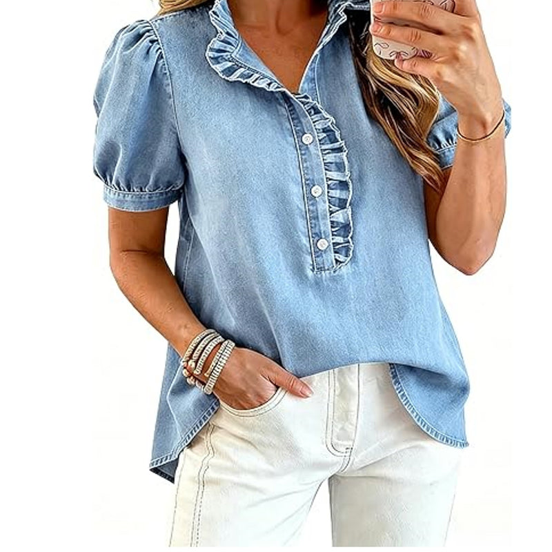 👚🌸 Denim-Bluse mit Rüschen-V-Ausschnitt und Puffärmeln
