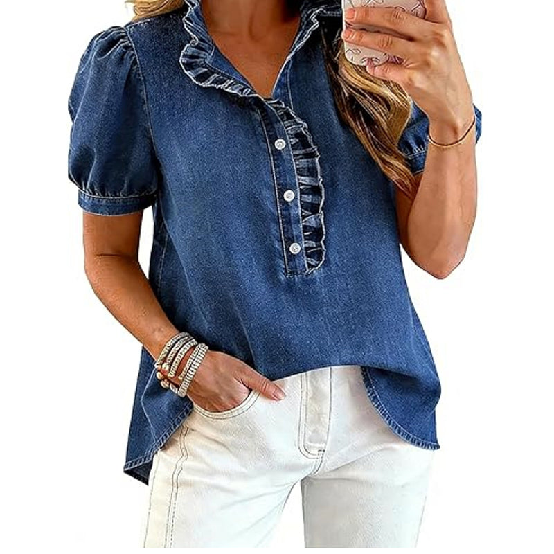 👚🌸 Denim-Bluse mit Rüschen-V-Ausschnitt und Puffärmeln