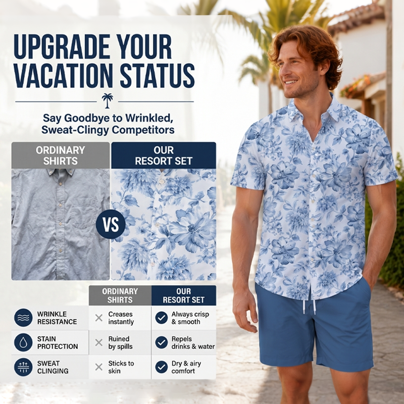 🌴☀️ Herren Tropenblumen Zweiteiler-Set – Kurzarm Hawaii-Hemd & passende Shorts, leicht & atmungsaktiv für Strand & Urlaub