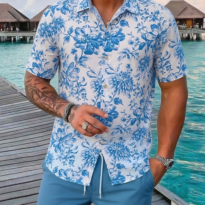 🌴☀️ Herren Tropenblumen Zweiteiler-Set – Kurzarm Hawaii-Hemd & passende Shorts, leicht & atmungsaktiv für Strand & Urlaub