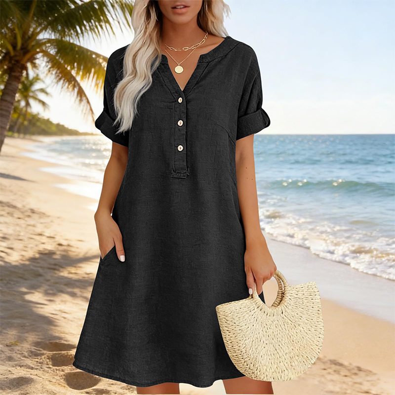 🔥 Letzter Tag! 50% Rabatt Damen Tunika-Kleid mit V-Ausschnitt & Taschen 🌊 Lässiges Kleid in Leinenoptik für Sommer, Strand & Alltag