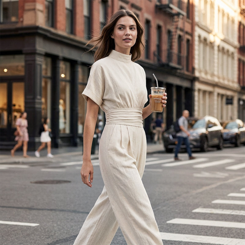🙌 70% Wiederkaufquote – Qualität überzeugt! Kurzärmeliger Jumpsuit für Damen mit Stehkragen und weitem Bein