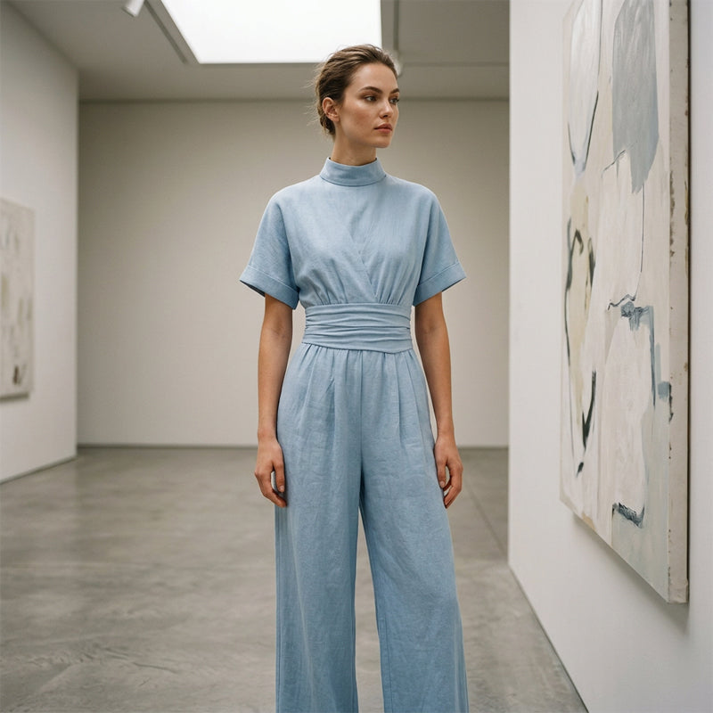 🙌 70% Wiederkaufquote – Qualität überzeugt! Kurzärmeliger Jumpsuit für Damen mit Stehkragen und weitem Bein