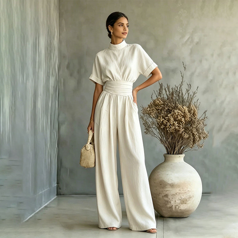 🙌 70% Wiederkaufquote – Qualität überzeugt! Kurzärmeliger Jumpsuit für Damen mit Stehkragen und weitem Bein