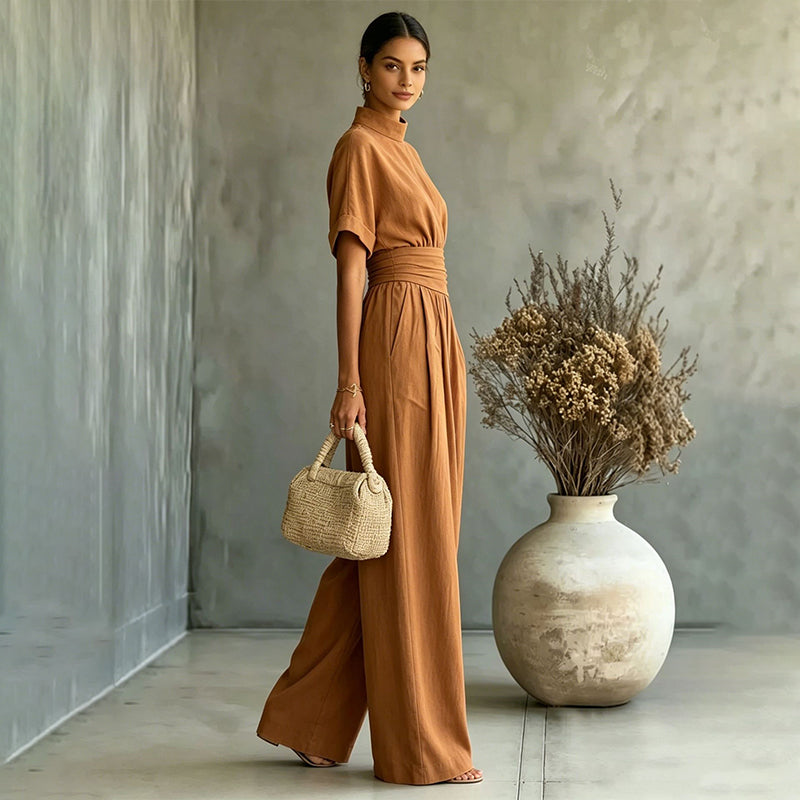 🙌 70% Wiederkaufquote – Qualität überzeugt! Kurzärmeliger Jumpsuit für Damen mit Stehkragen und weitem Bein