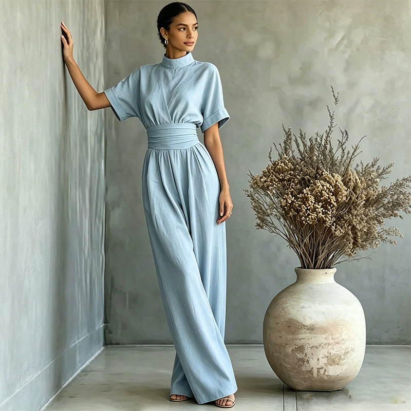 🙌 70% Wiederkaufquote – Qualität überzeugt! Kurzärmeliger Jumpsuit für Damen mit Stehkragen und weitem Bein