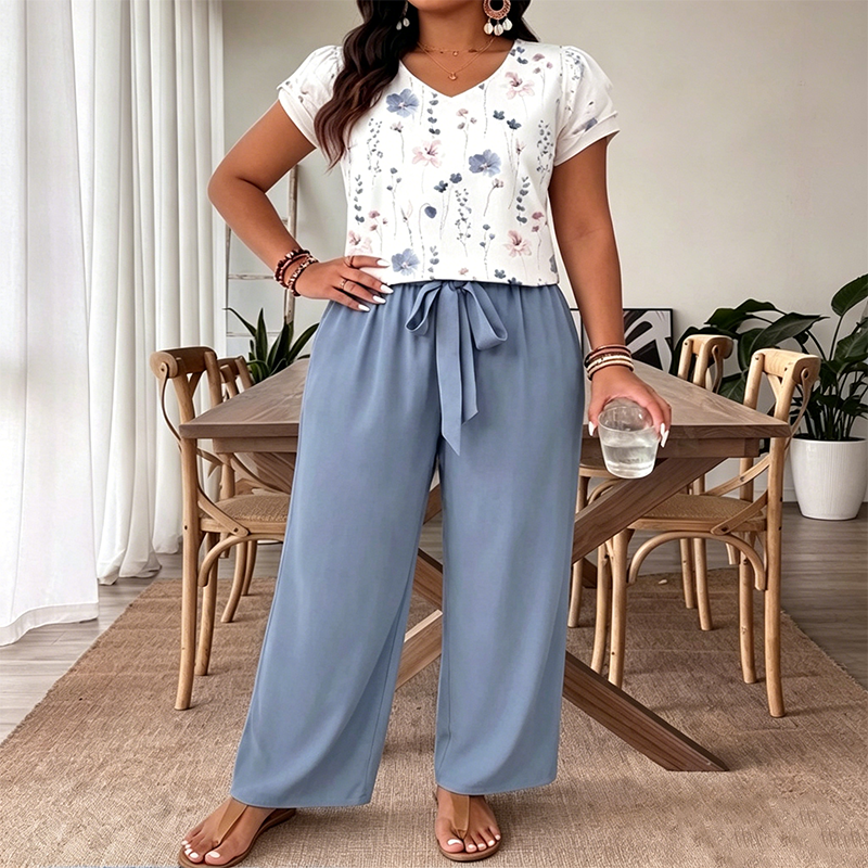 🌺Lässiger, bedruckter Jumpsuit mit weitem Bein und Gürtel für Damen