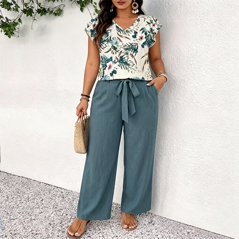 🌺Lässiger, bedruckter Jumpsuit mit weitem Bein und Gürtel für Damen