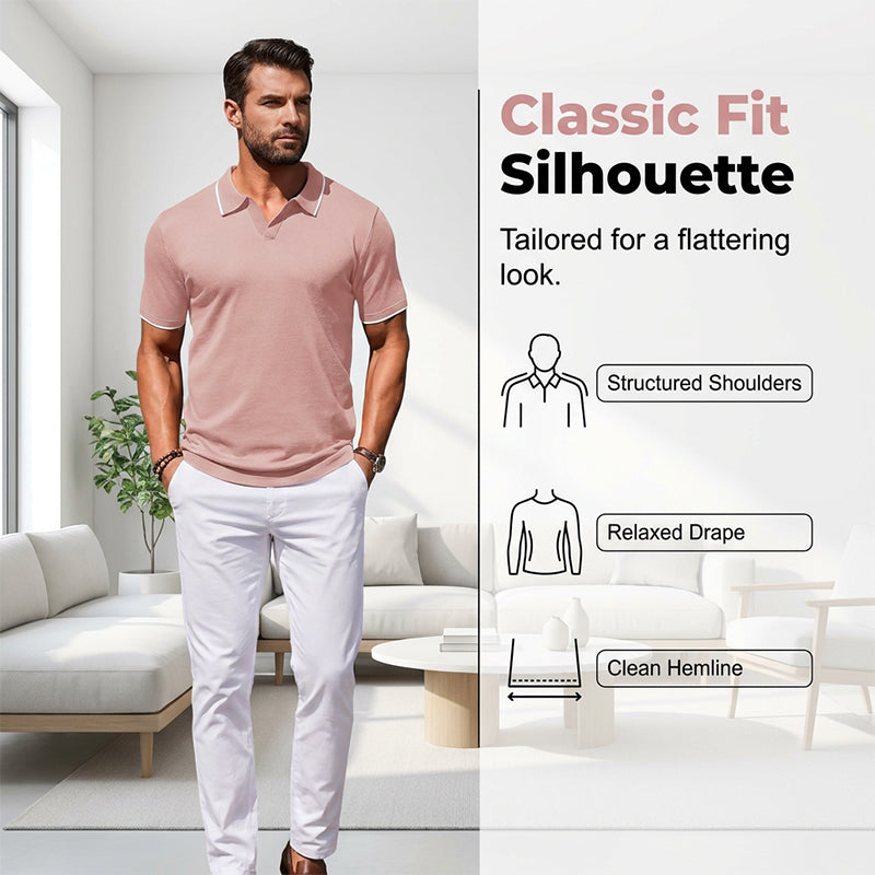Herren Lässiges V-Ausschnitt T-Shirt mit Kontrastkragen Kurzarm Sommer-Top