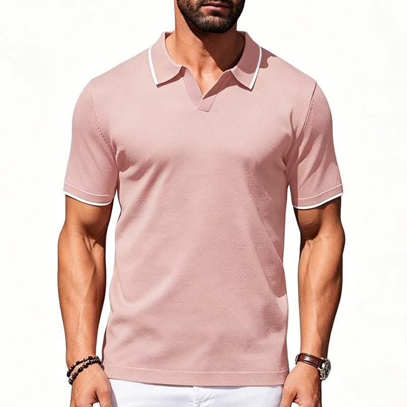 Herren Lässiges V-Ausschnitt T-Shirt mit Kontrastkragen Kurzarm Sommer-Top