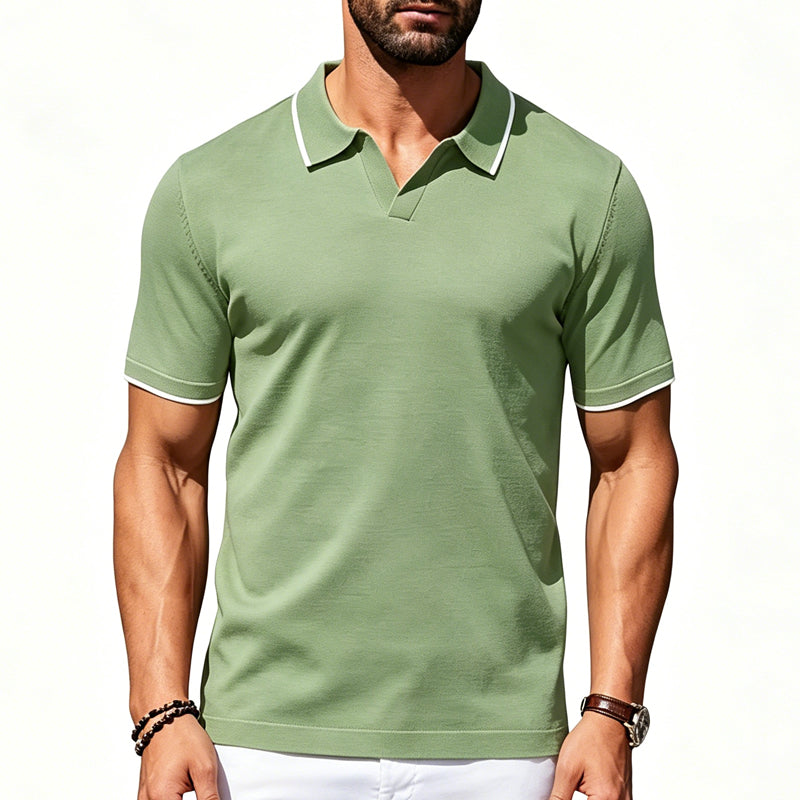 Herren Lässiges V-Ausschnitt T-Shirt mit Kontrastkragen Kurzarm Sommer-Top