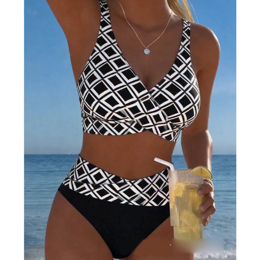 Gluschwein - 🔥Letzter Tag! 50% Rabatt Damen High Waist Bikini-Set🩱Geometrisches Muster, Wickel-Oberteil mit Bauchweg-Effekt für Strand & Pool