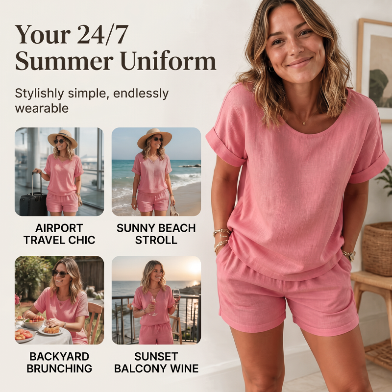 👚 2-teiliges Set – Kurzarm-Oberteil & Shorts für Damen – bequem, luftig & perfekt aufeinander abgestimmt – ideal für warme Tage, Strand & Freizeit
