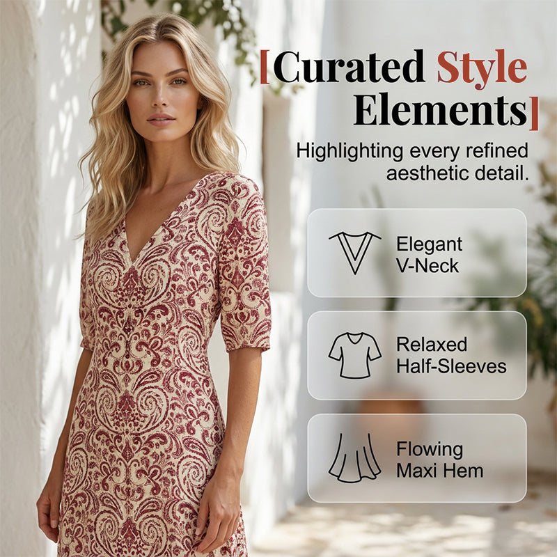 ⏰ 50 % RABATT – Nur für kurze Zeit ✨👗 Damen-Maxikleid mit V-Ausschnitt & Print – kurzärmelig, leicht & vielseitig für Alltag, Strand & Urlaub