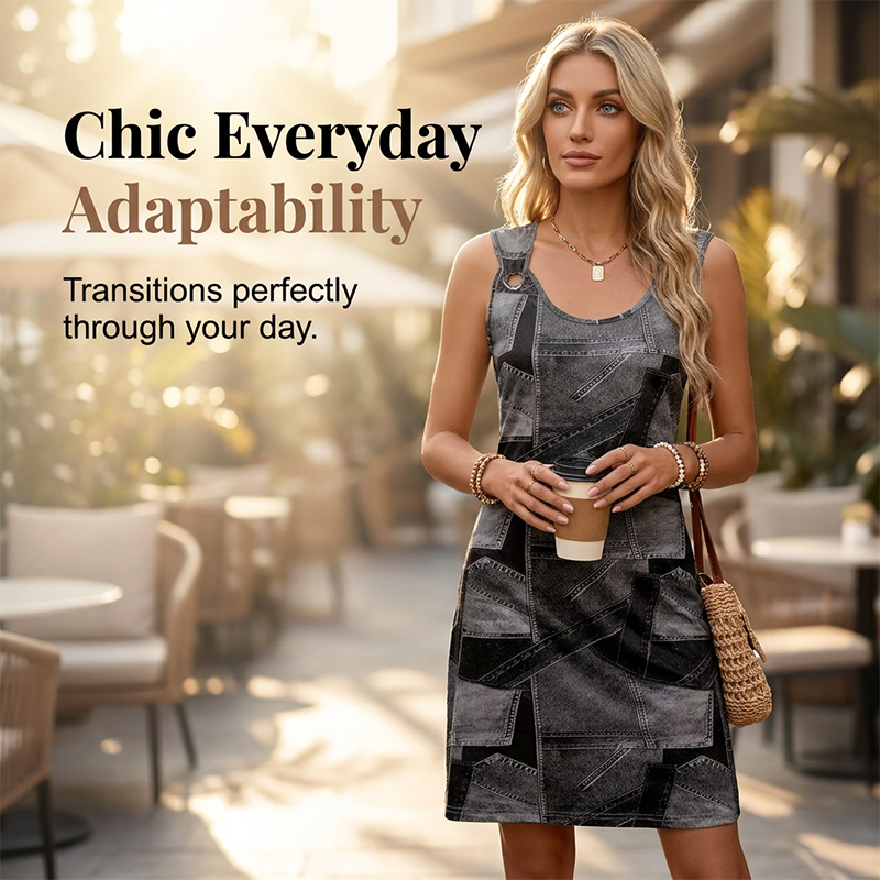 👗✨Ärmelloses Damenkleid mit Denim-Print – atmungsaktiv und figurschmeichelnd 🔥