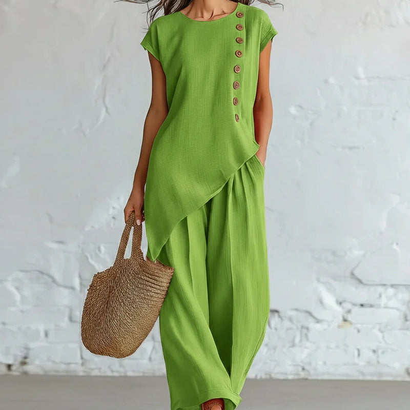 🌺2-teiliges Set aus Oberteil mit asymmetrischem Saum und Hose für Damen
