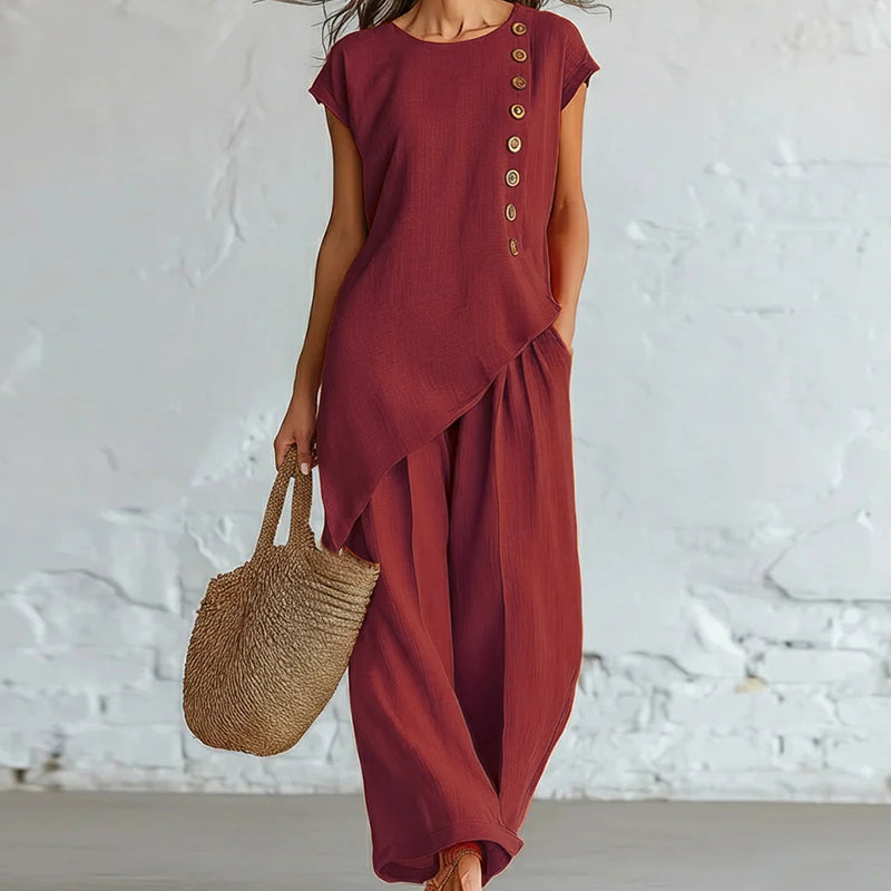 🌺2-teiliges Set aus Oberteil mit asymmetrischem Saum und Hose für Damen