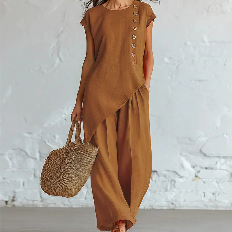 🌺2-teiliges Set aus Oberteil mit asymmetrischem Saum und Hose für Damen