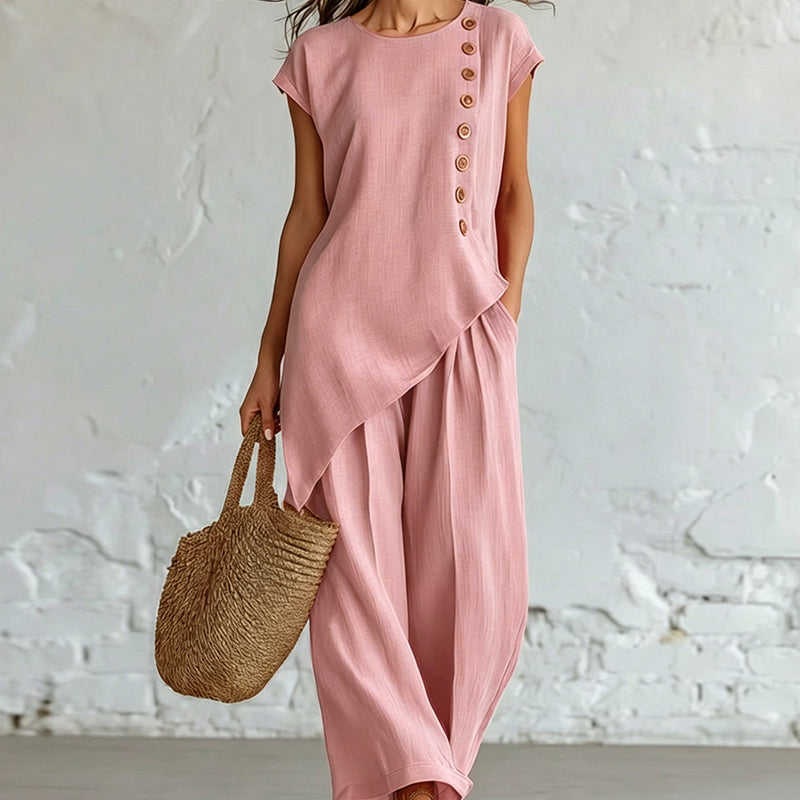 🌺2-teiliges Set aus Oberteil mit asymmetrischem Saum und Hose für Damen