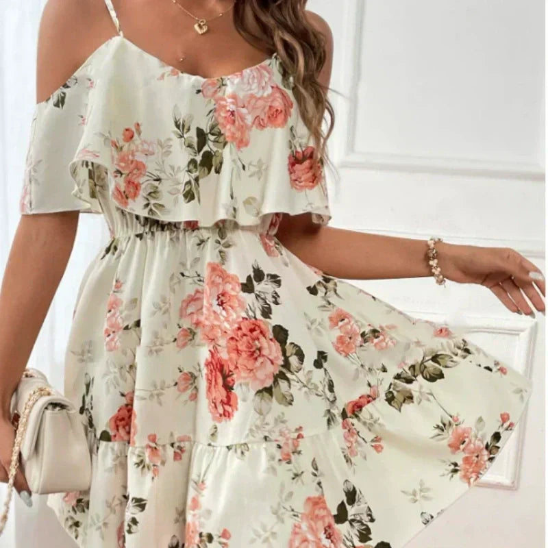 👗 50% RABATT! 🌸 Damen Boho Blumenprint Cold-Shoulder-Kleid – Leicht & fließend – Ideal für Sommer, Strand oder Gartenparty – romantischer Look mit Lässigkeit ✨☀️🌿