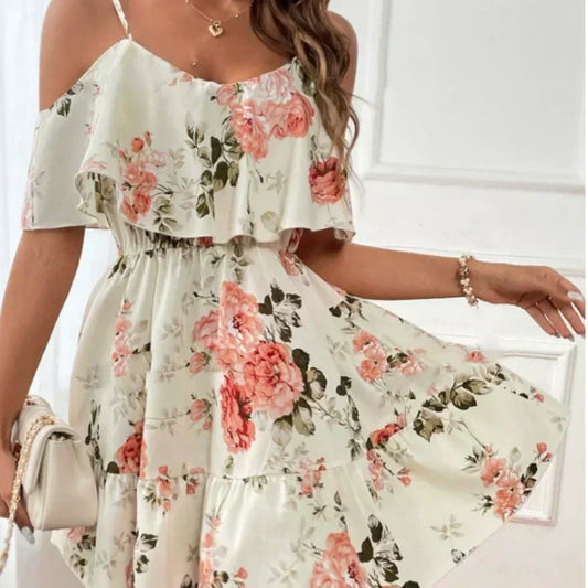 Gluschwein - 👗 50% RABATT! 🌸 Damen Boho Blumenprint Cold-Shoulder-Kleid – Leicht & fließend – Ideal für Sommer, Strand oder Gartenparty – romantischer Look mit Lässigkeit ✨☀️🌿