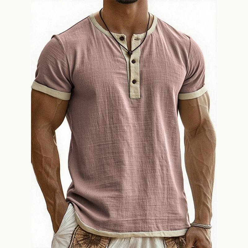 🌿 Kurzärmeliges, atmungsaktives Henley-Shirt mit Kontrast
