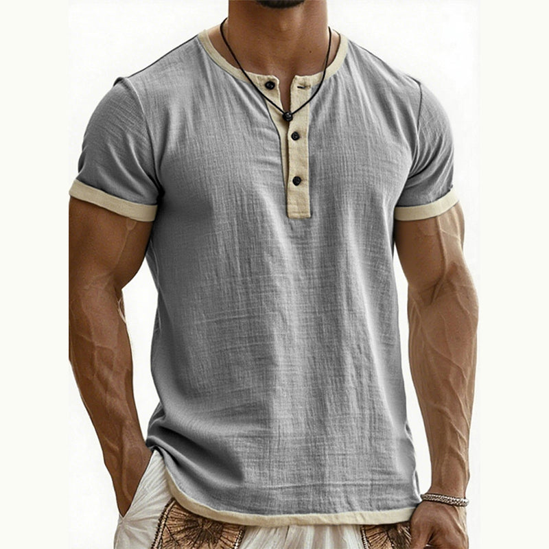 🌿 Kurzärmeliges, atmungsaktives Henley-Shirt mit Kontrast