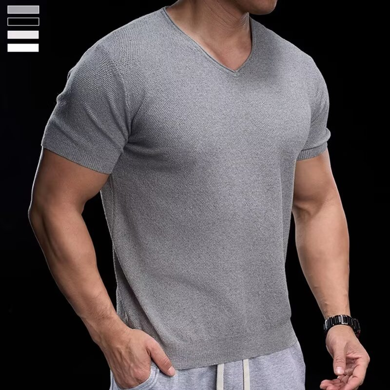 👕 ZEITLICH BEGRENZT 50% RABATT! ✨ Atmungsaktives V-Ausschnitt Strick-T-Shirt – Strukturiertes Finish, Sportlicher Schnitt, Vom Gym auf die Straße 🏋️