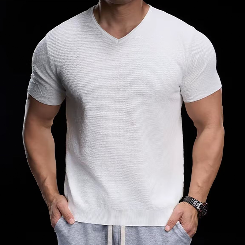 👕 ZEITLICH BEGRENZT 50% RABATT! ✨ Atmungsaktives V-Ausschnitt Strick-T-Shirt – Strukturiertes Finish, Sportlicher Schnitt, Vom Gym auf die Straße 🏋️