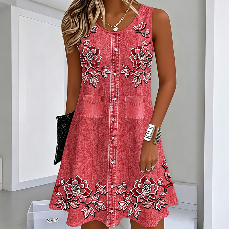 💎 Der Sommerhit 2026 – der Wahnsinn! Ärmelloses Blumenmuster-Kleid mit Knopfleiste für Damen