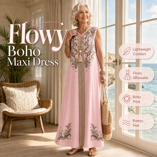 Gluschwein - ✨ Boho-Maxikleid für Damen mit ethnischem Print und V-Ausschnitt – fließende Silhouette, ärmellos, elegant und vielseitig, große Größen 1XL–5XL, 3 Farben 🌊