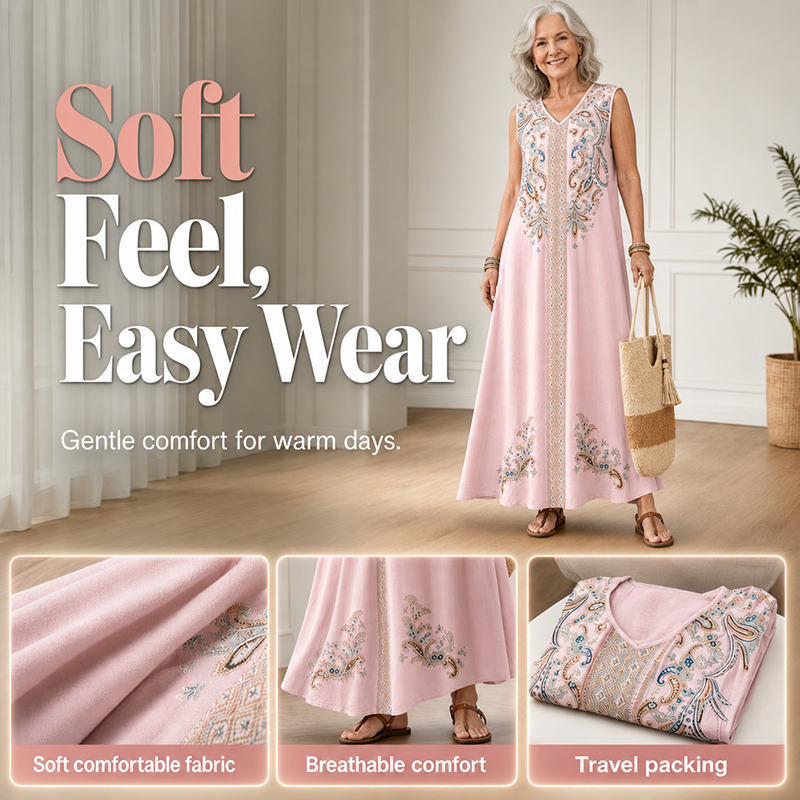 🎐 Fließendes Maxikleid mit Boho-Print✨ Kombiniere es mit einem geflochtenen Sonnenhut mit breiter Krempe und flachen Strandsandalen für einen entspannten Boho-Look im Resort-Stil! ✨