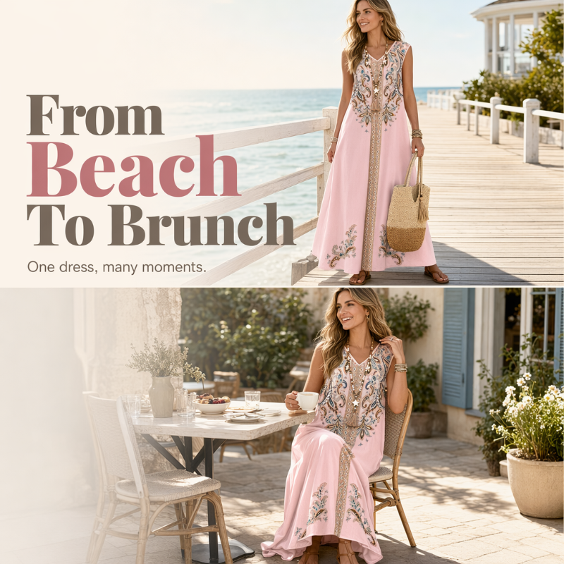 🎐 Fließendes Maxikleid mit Boho-Print✨ Kombiniere es mit einem geflochtenen Sonnenhut mit breiter Krempe und flachen Strandsandalen für einen entspannten Boho-Look im Resort-Stil! ✨