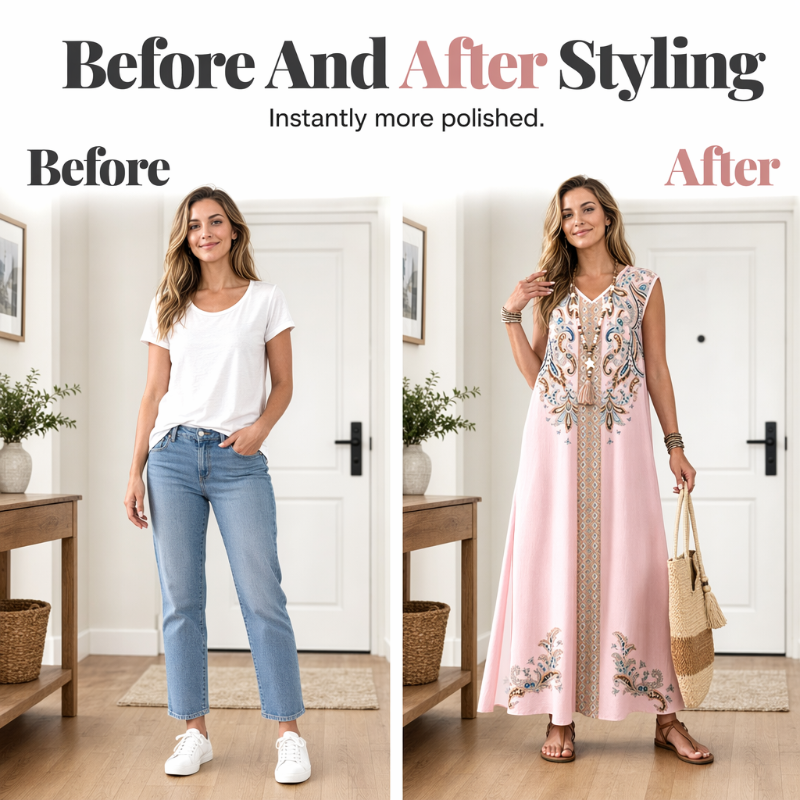✨ Boho-Maxikleid für Damen mit ethnischem Print und V-Ausschnitt – fließende Silhouette, ärmellos, elegant und vielseitig, große Größen 1XL–5XL, 3 Farben 🌊