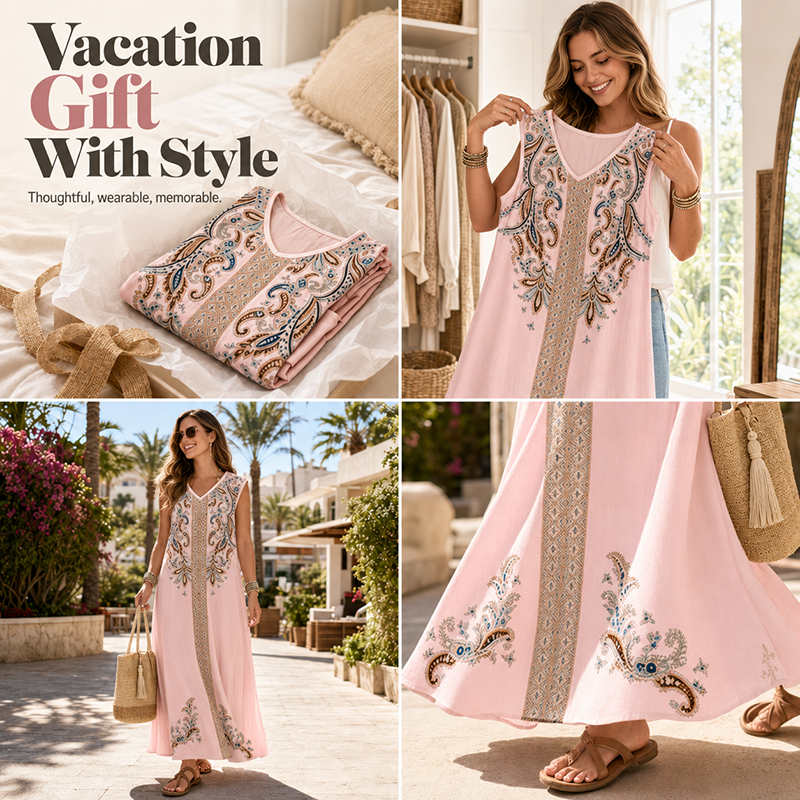 🎐 Fließendes Maxikleid mit Boho-Print✨ Kombiniere es mit einem geflochtenen Sonnenhut mit breiter Krempe und flachen Strandsandalen für einen entspannten Boho-Look im Resort-Stil! ✨