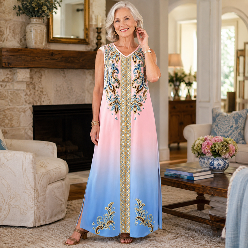 ✨ Boho-Maxikleid für Damen mit ethnischem Print und V-Ausschnitt – fließende Silhouette, ärmellos, elegant und vielseitig, große Größen 1XL–5XL, 3 Farben 🌊