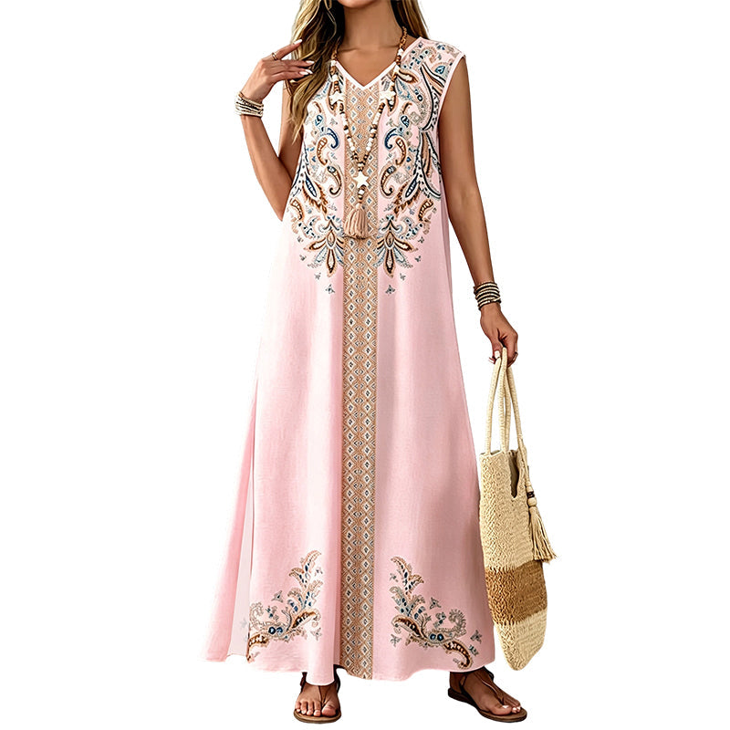 🎐 Fließendes Maxikleid mit Boho-Print✨ Kombiniere es mit einem geflochtenen Sonnenhut mit breiter Krempe und flachen Strandsandalen für einen entspannten Boho-Look im Resort-Stil! ✨