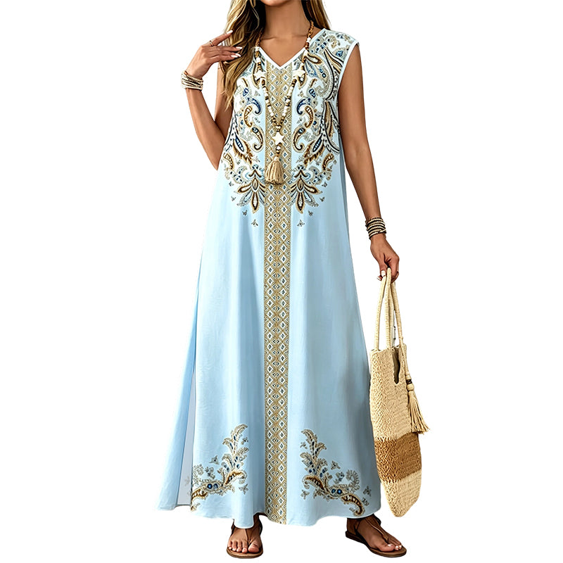✨ Boho-Maxikleid für Damen mit ethnischem Print und V-Ausschnitt – fließende Silhouette, ärmellos, elegant und vielseitig, große Größen 1XL–5XL, 3 Farben 🌊