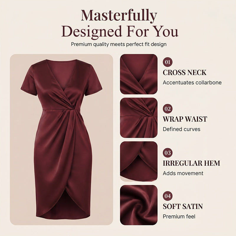 👗Asymmetrisches Wickelkleid für Damen mit kurzen Ärmeln und V-Ausschnitt