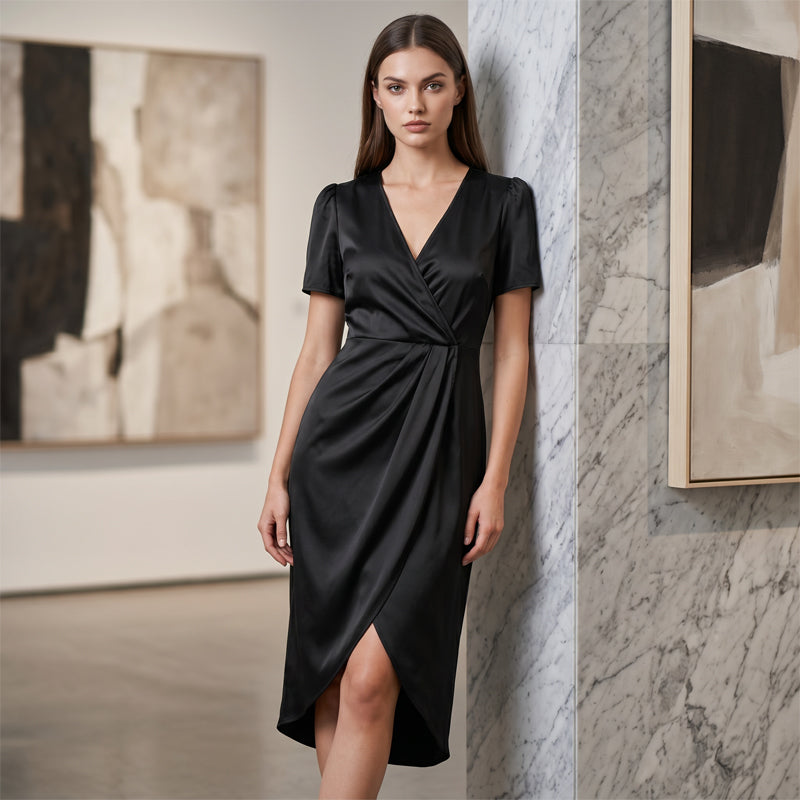 👗Asymmetrisches Wickelkleid für Damen mit kurzen Ärmeln und V-Ausschnitt