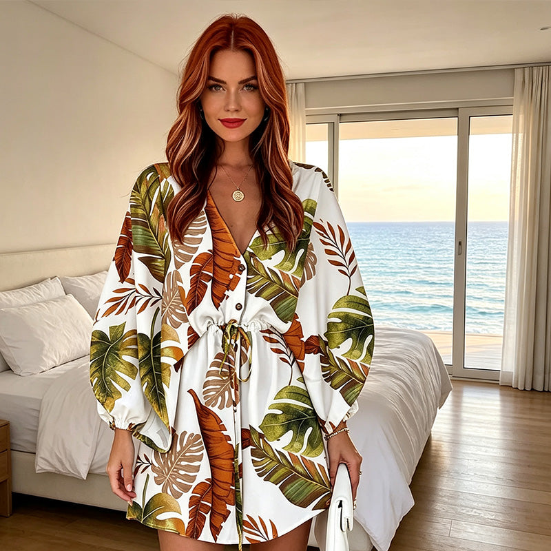 💎 Der Sommerhit 2026 – der Wahnsinn! Sommerkleid für Damen mit V-Ausschnitt, Flatterärmeln und Kordelzug