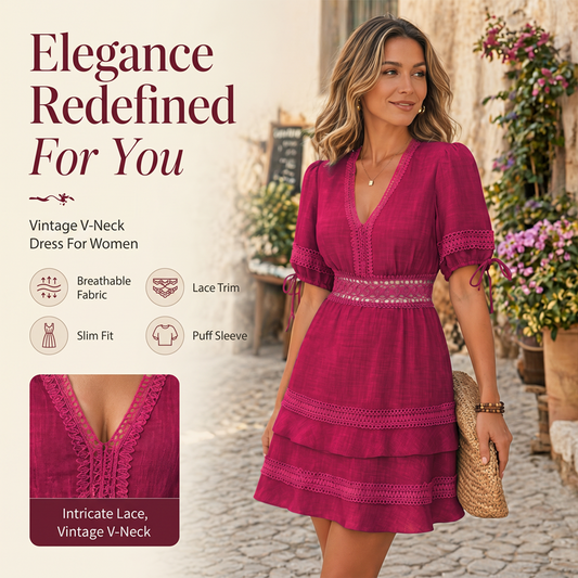 Gluschwein - Damenkleid mit V-Ausschnitt, Spitze und gestuften Rüschen
