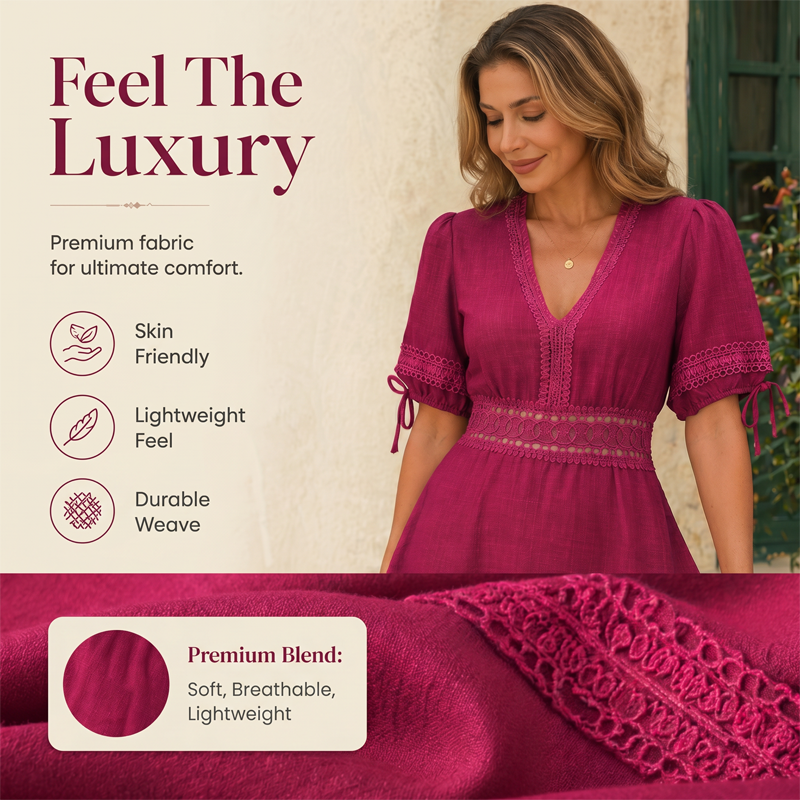 Damenkleid mit V-Ausschnitt, Spitze und gestuften Rüschen
