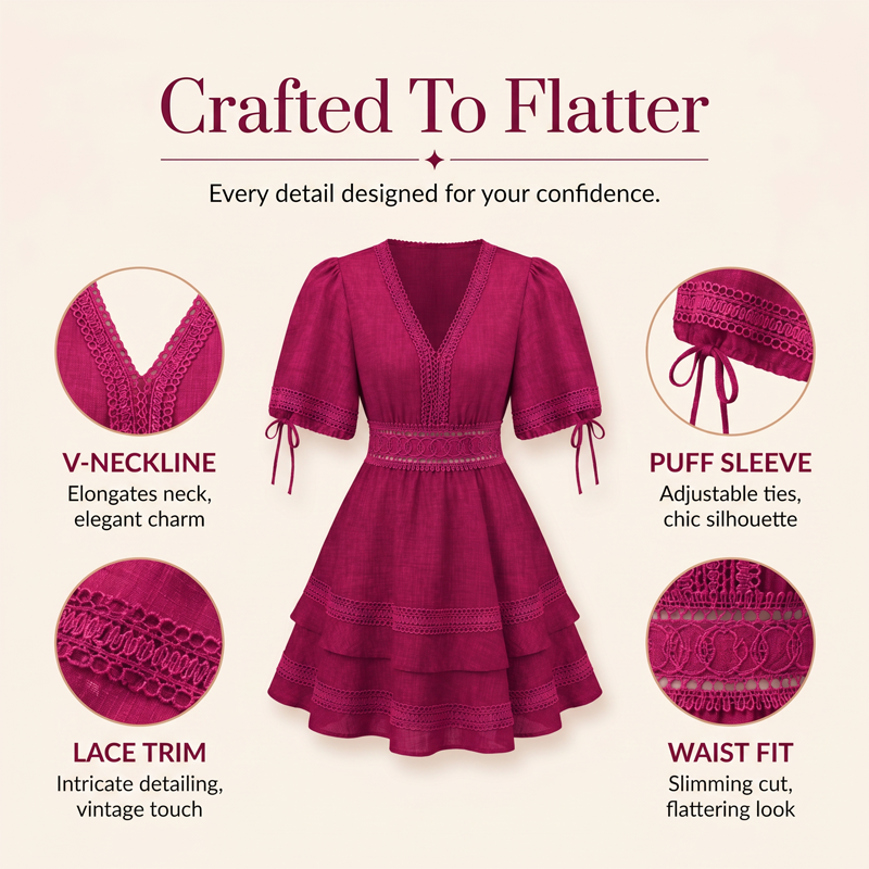 Damenkleid mit V-Ausschnitt, Spitze und gestuften Rüschen