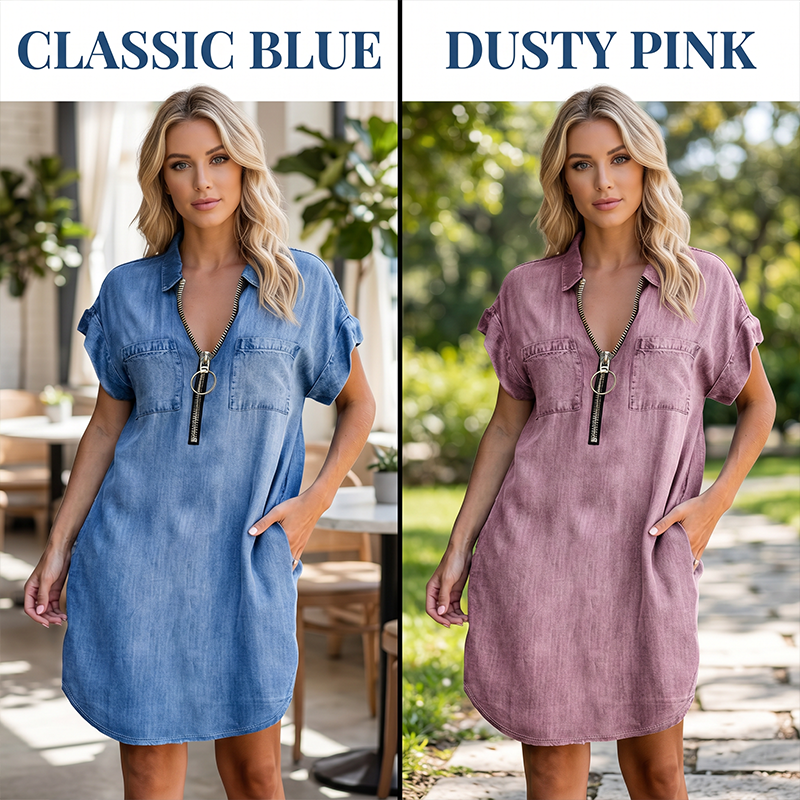👗Lässiges Jeanshemdkleid für Damen, locker geschnitten, mit Reverskragen, kurzen Ärmeln, Reißverschluss und Taschen