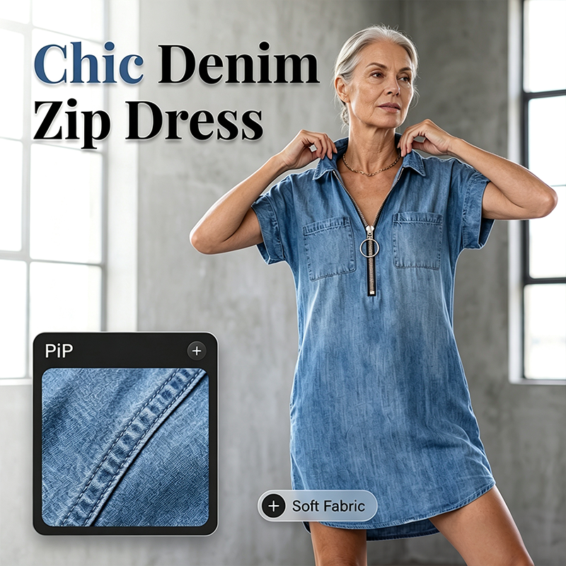 👗Lässiges Jeanshemdkleid für Damen, locker geschnitten, mit Reverskragen, kurzen Ärmeln, Reißverschluss und Taschen