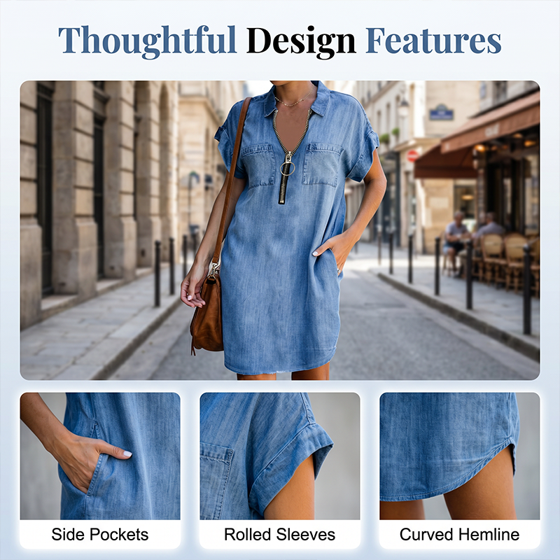 👗Lässiges Jeanshemdkleid für Damen, locker geschnitten, mit Reverskragen, kurzen Ärmeln, Reißverschluss und Taschen